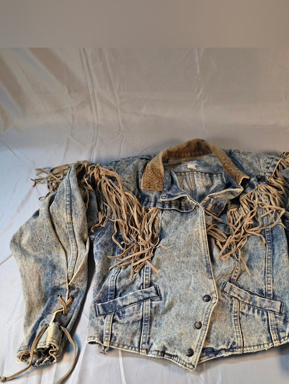 Sergio Valente Acid-Wash Denim Jacket with Tan Fringe